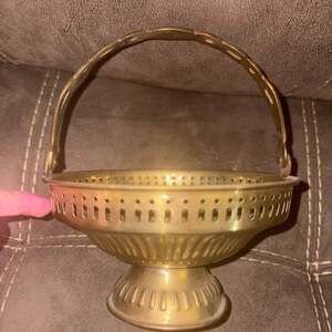 Vintage Ribbed Brass Andrea Basket with Hinged Handle and Reticulated Cutouts